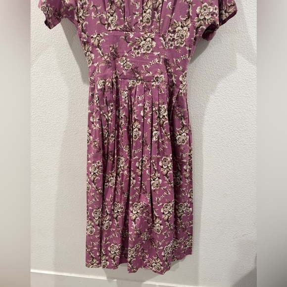 Vintage Herman Geist 100% Cotton Floral Retro Fit Maxi Purple Cream Dress 12 - Picture 13 of 14